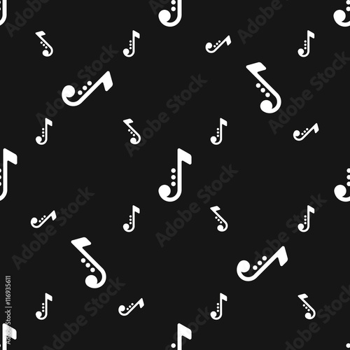 Seamless white silhouettes of musical notes pattern over black background.