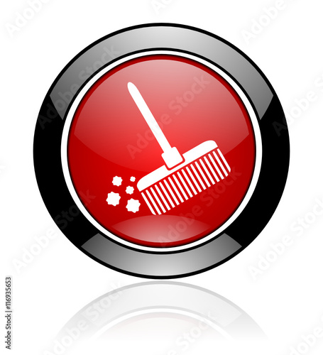 Modern design red and black circle vector broom icon. Round web clean button. 