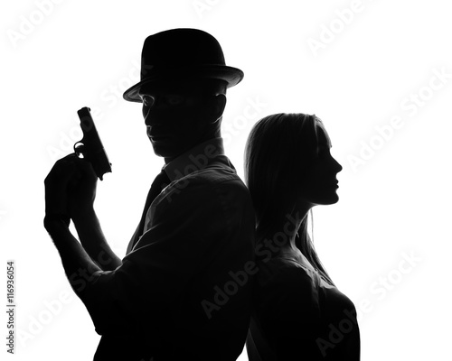 Silhouette of detective with beautiful woman isolated on white background