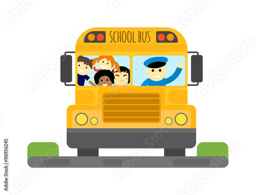 Illustration of school kids riding yellow schoolbus transportation education. Student child isolated school bus safety stop drive vector. Travel automobile school bus public trip childhood truck.