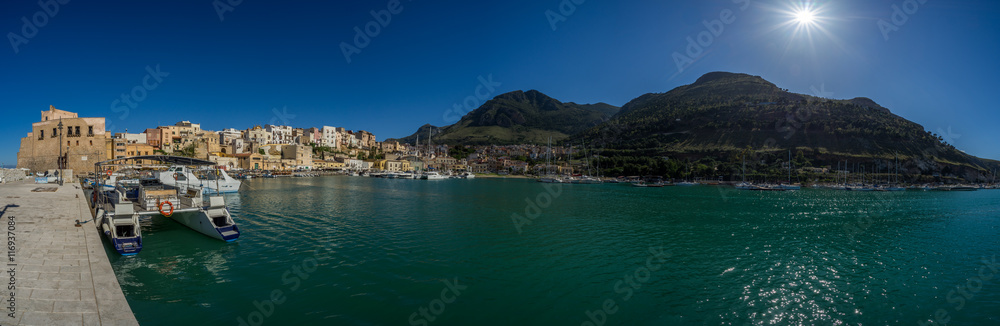 Panoramic view of harbour with fishing boats on Castellammare de