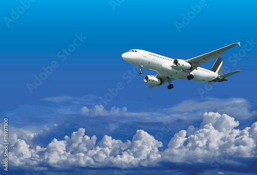 Airliner is landing on cloudy sky background - vector
