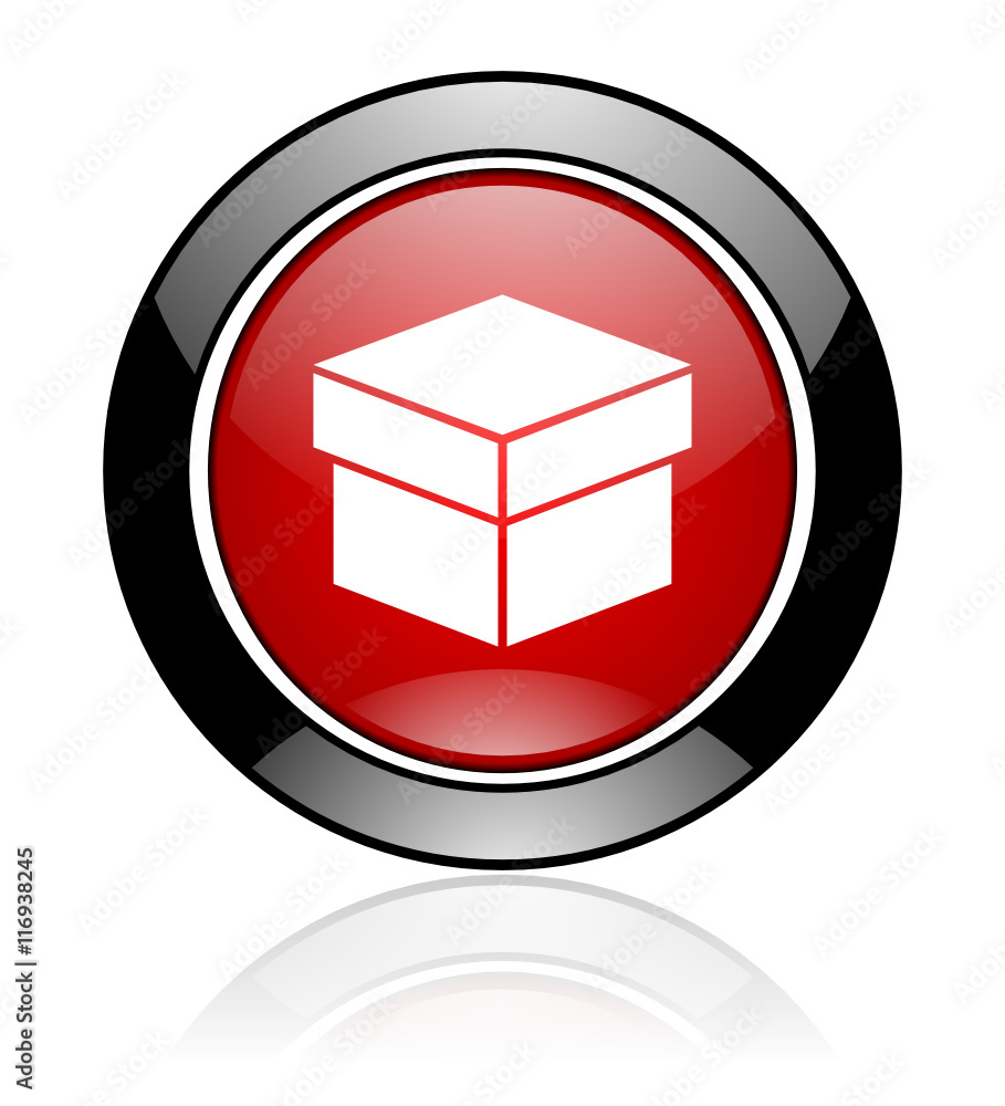 Modern design red and black circle vector box icon. Round web package button. Modern design red and black circle vector box icon. Round web package button.