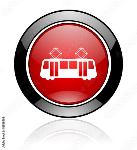 Round red and black glossy tram vector icon