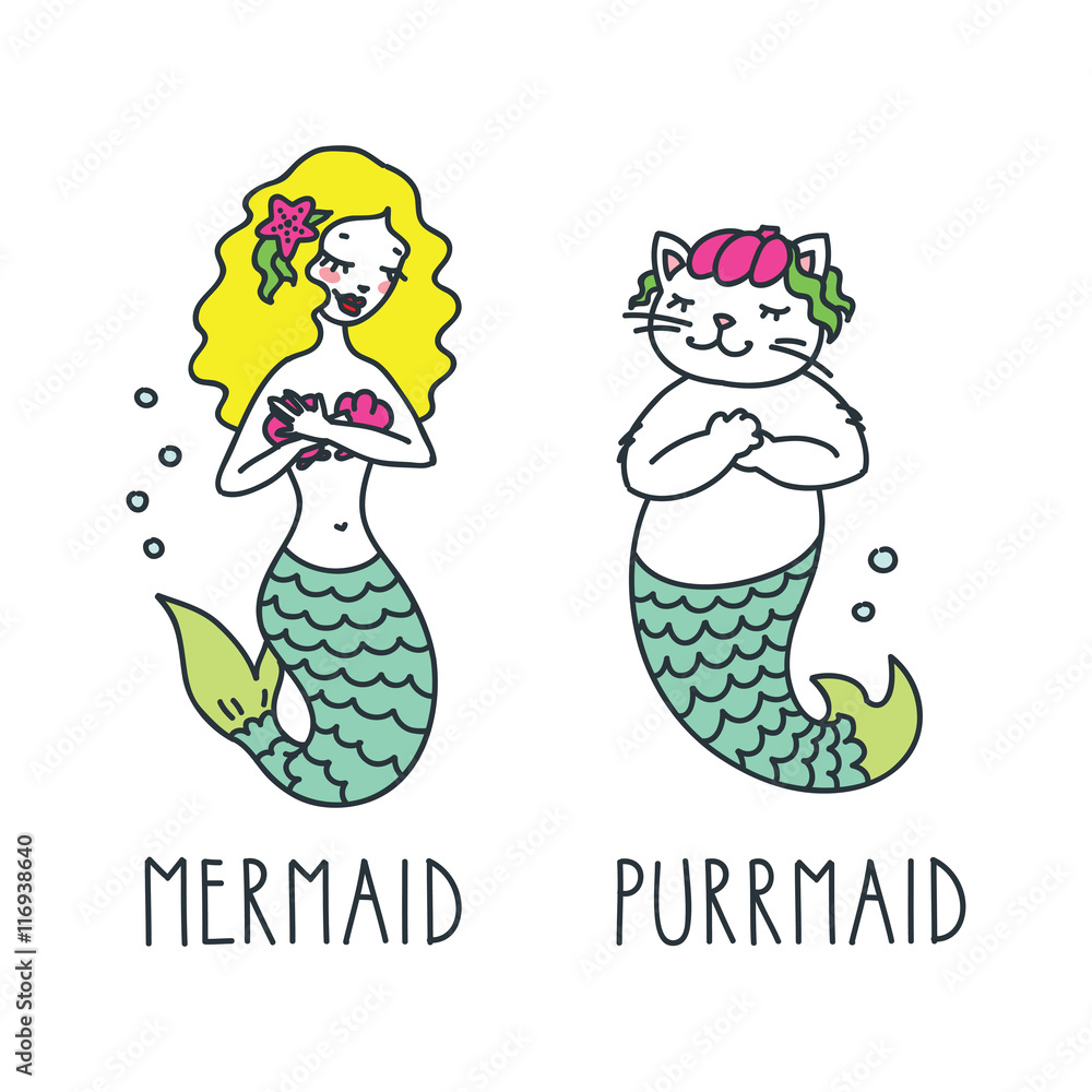 Obraz premium Mermaid and purrmaid. Doodle vector illustration of beautiful mermaid and cute cat-mermaid. Can be used for t-short print, poster or card