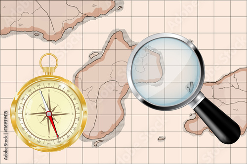 Old map, golden compass and magnifying glass
