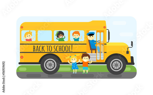 Illustration of school kids riding yellow schoolbus transportation education. Student child isolated school bus safety stop drive vector. Travel automobile school bus public trip childhood truck.