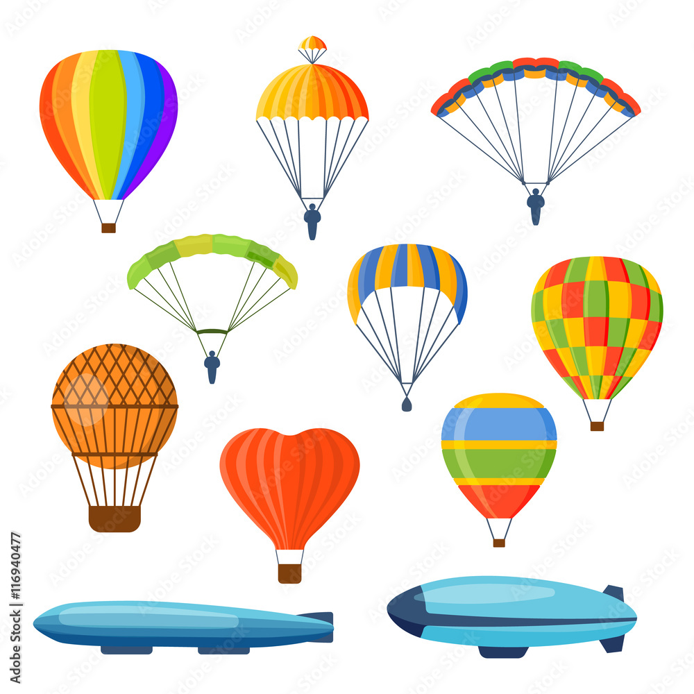 Illustration with different aerostats flat icons cartoon graphic. Modern balloon aerostat transport sky hot fly adventure journey and old vector air ballon travel transportation flight airship.