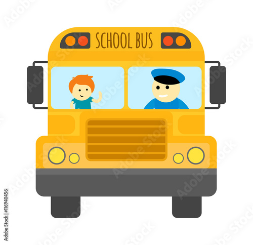 Illustration of school kids riding yellow schoolbus transportation education. Student child isolated school bus safety stop drive vector. Travel automobile school bus public trip childhood truck.