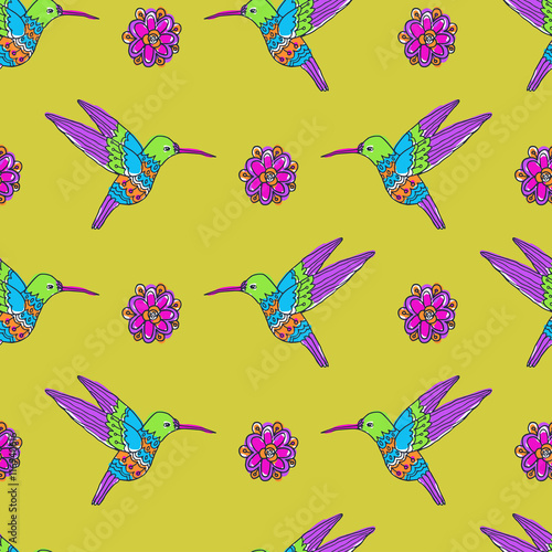 Fairy garden. vector seamless pattern with hand drawn colibri and flowers