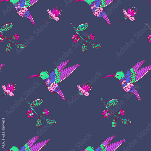 Fairy garden. vector seamless pattern with hand drawn colibri and flowers