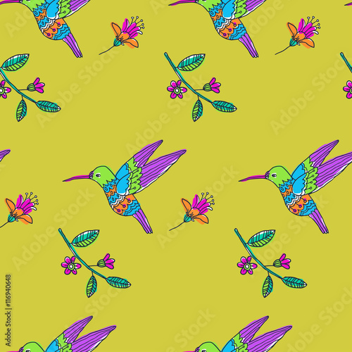 Fairy garden. vector seamless pattern with hand drawn colibri and flowers