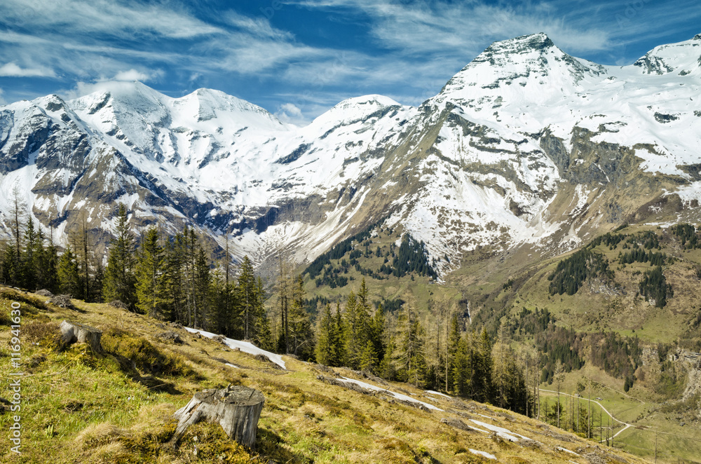 Beautiful view of Alps mountains. Spring in National Park Hohe Tauern, Austria. Green valley and snowy mountains peaks. Grossglockner high alpine road.
