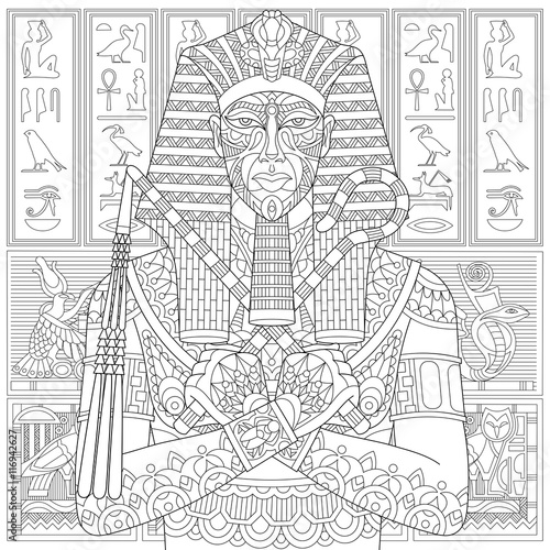 Stylized ancient pharaoh and egyptian symbols (hieroglyphs) on the background. Freehand sketch for adult anti stress coloring book page with doodle and zentangle elements.