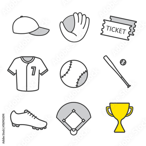Baseball equipment linear icons set