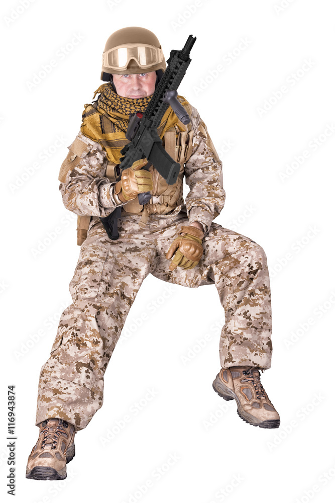 Soldier in uniform, ready to fight. Isolated on white background. Soldier in uniform, ready to fight. Isolated on white background.