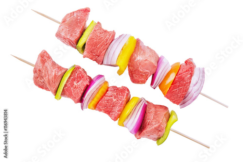 Skewer set of red meat and vegetables, isolated on white background.