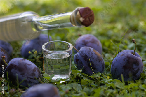 Photo Plum brandy or schnapps with fresh and ripe plums