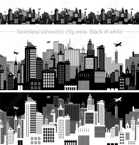 Horizontal cityscape with airplanes  abstract vector illustration. City view with urban elements - office buildings  shopping center  skyscrapers and other houses. Seamless pattern  white background