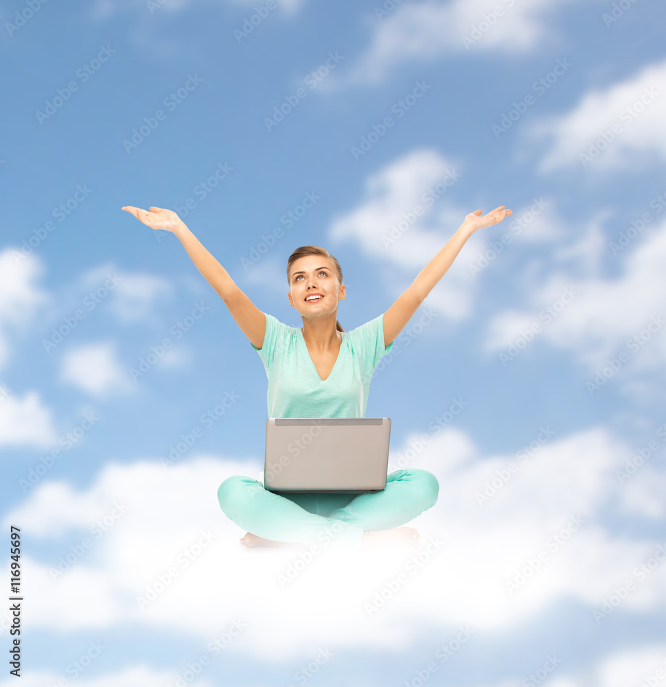 happy young woman with laptop sitting on cloud happy young woman with laptop sitting on cloud