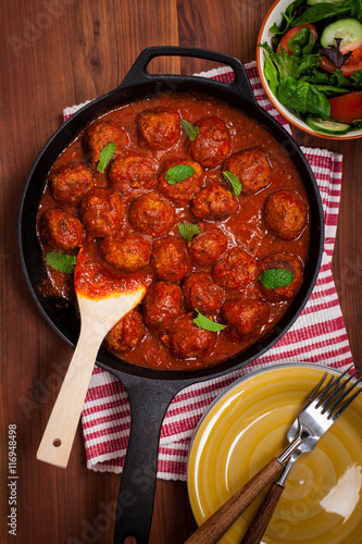 Fototapeta Naklejka Na Ścianę i Meble -  Meatballs in tomato sauce. Selective focus.