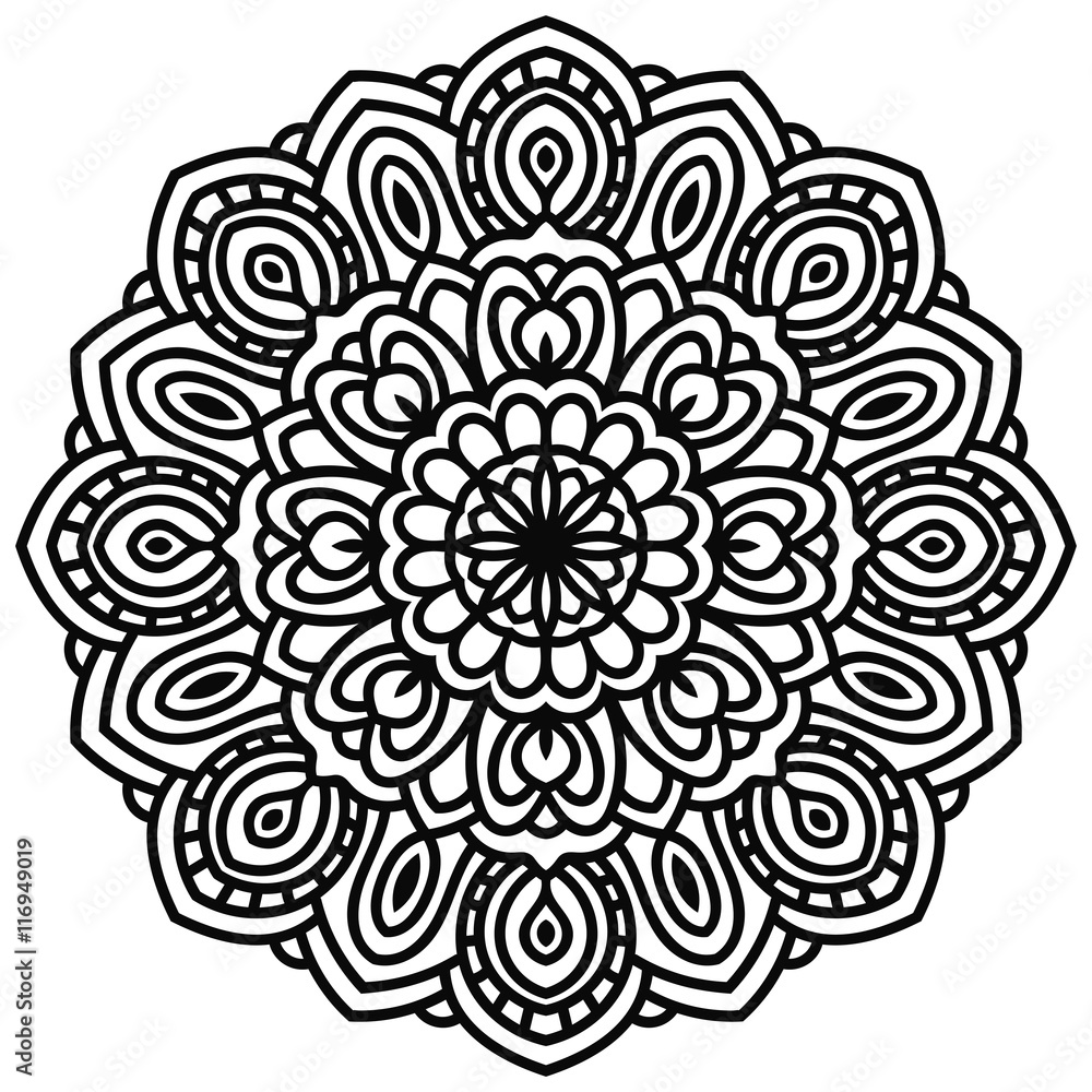 Hand drawn fantasy linear head of flower, top view. Circular floral ornament isolated on white background. Doodle decoration. lace mandala in zentangle style. Vector illustration. 