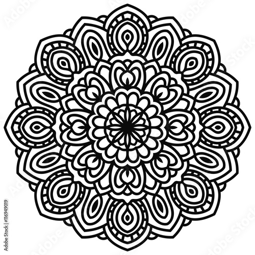 Hand drawn fantasy linear head of flower, top view. Circular floral ornament isolated on white background. Doodle decoration. lace mandala in zentangle style. Vector illustration. 