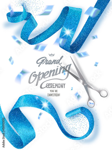 Grand opening banners with blue sparkling ribbons and confetti