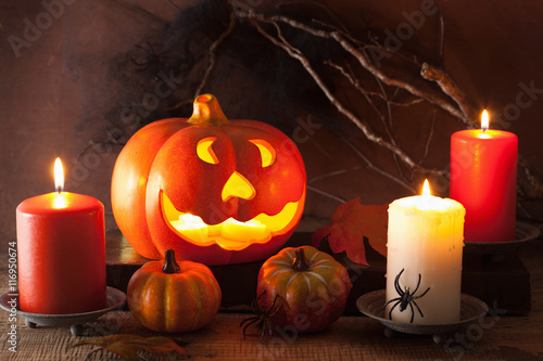 Halloween Jack O Lantern pumpkin decoration spiders candles
