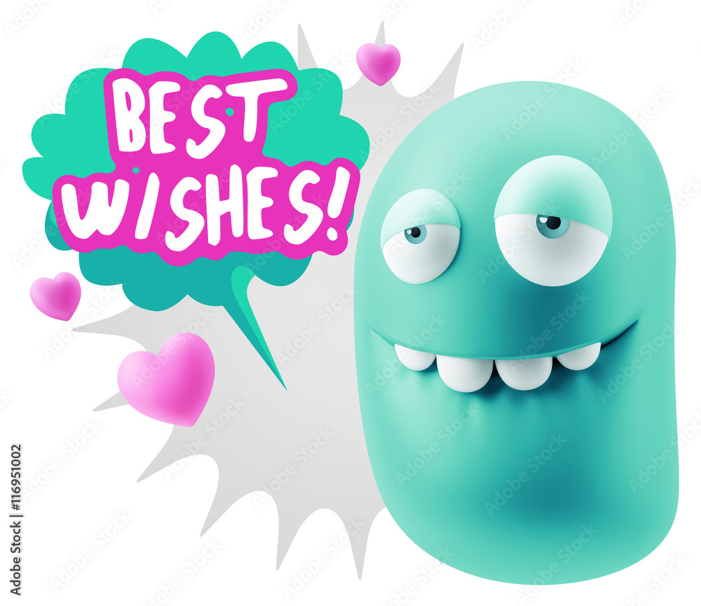 3d Rendering. Love Biting Lip Emoticon Face saying Best Wishes w