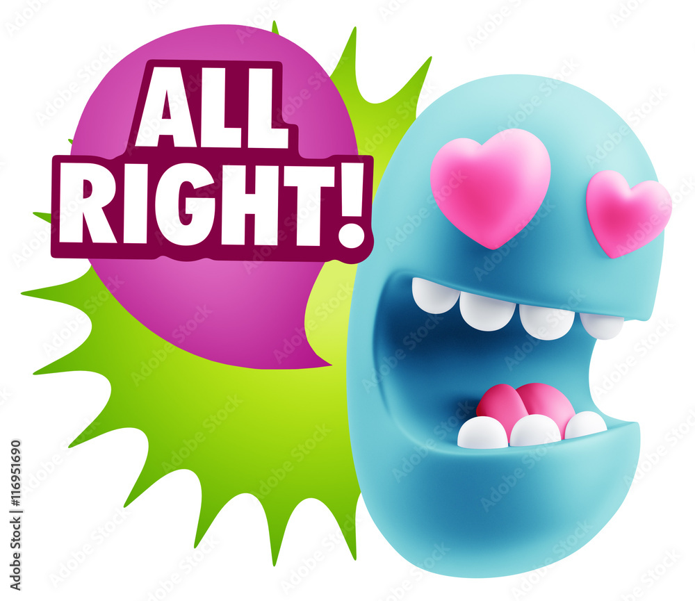 3d Rendering. Emoji in love with heart eyes saying All Right wit 3d Rendering. Emoji in love with heart eyes saying All Right wit