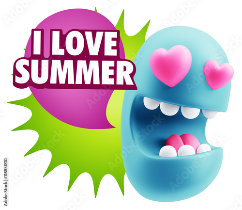 3d Rendering. Emoji in love with heart eyes saying I Love Summer
