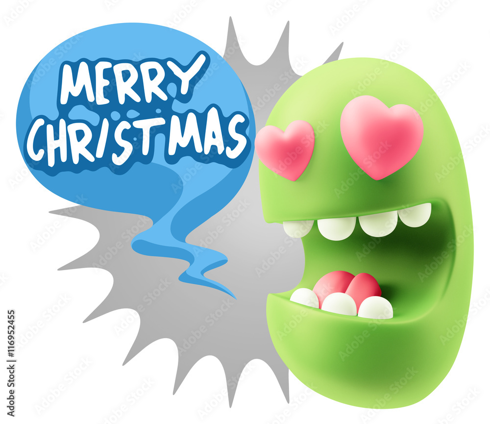 3d Rendering. Emoji in love with heart eyes saying Merry Christm