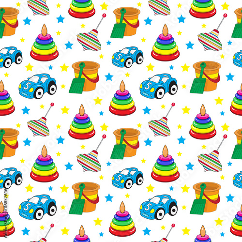 Baby toys seamless texture, children's wallpaper, background. Vector illustration.