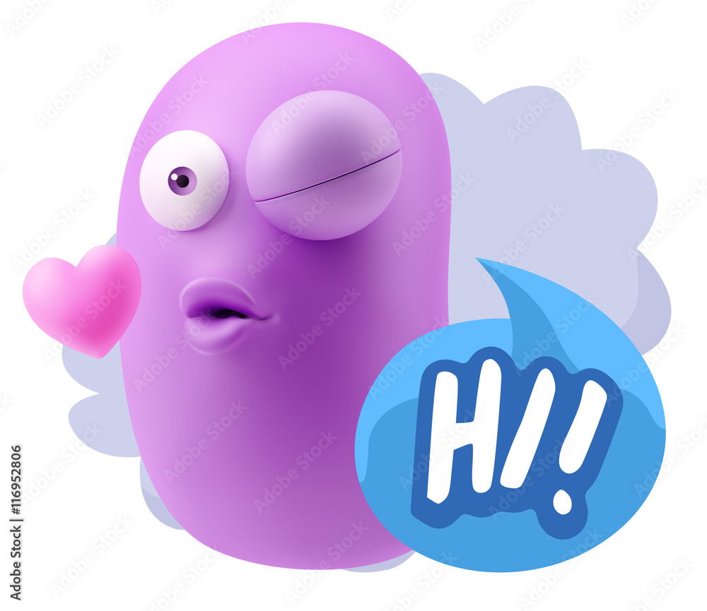 3d Rendering. Kiss Emoticon Face saying Hi with Colorful Speech 3d Rendering. Kiss Emoticon Face saying Hi with Colorful Speech