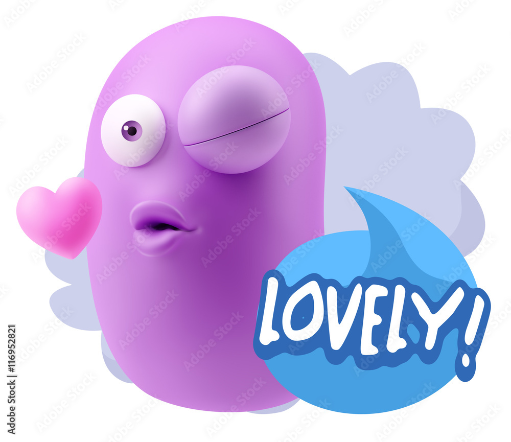 3d Rendering. Kiss Emoticon Face saying Lovely with Colorful Spe 3d Rendering. Kiss Emoticon Face saying Lovely with Colorful Spe