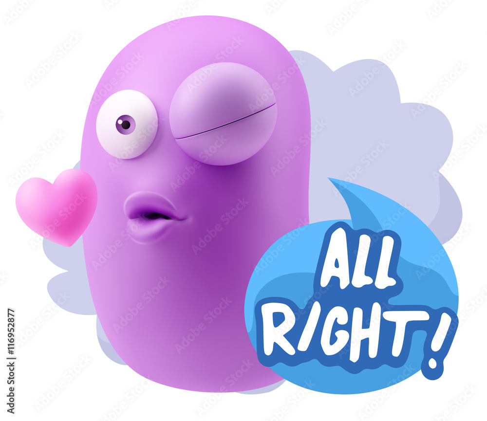 3d Rendering. Kiss Emoticon Face saying All Right with Colorful 3d Rendering. Kiss Emoticon Face saying All Right with Colorful
