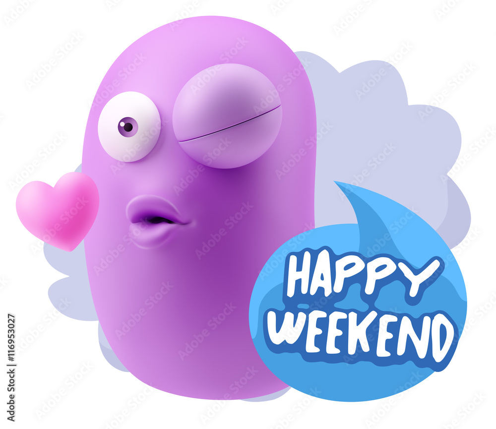 3d Rendering. Kiss Emoticon Face saying Happy Weekend with Color 3d Rendering. Kiss Emoticon Face saying Happy Weekend with Color