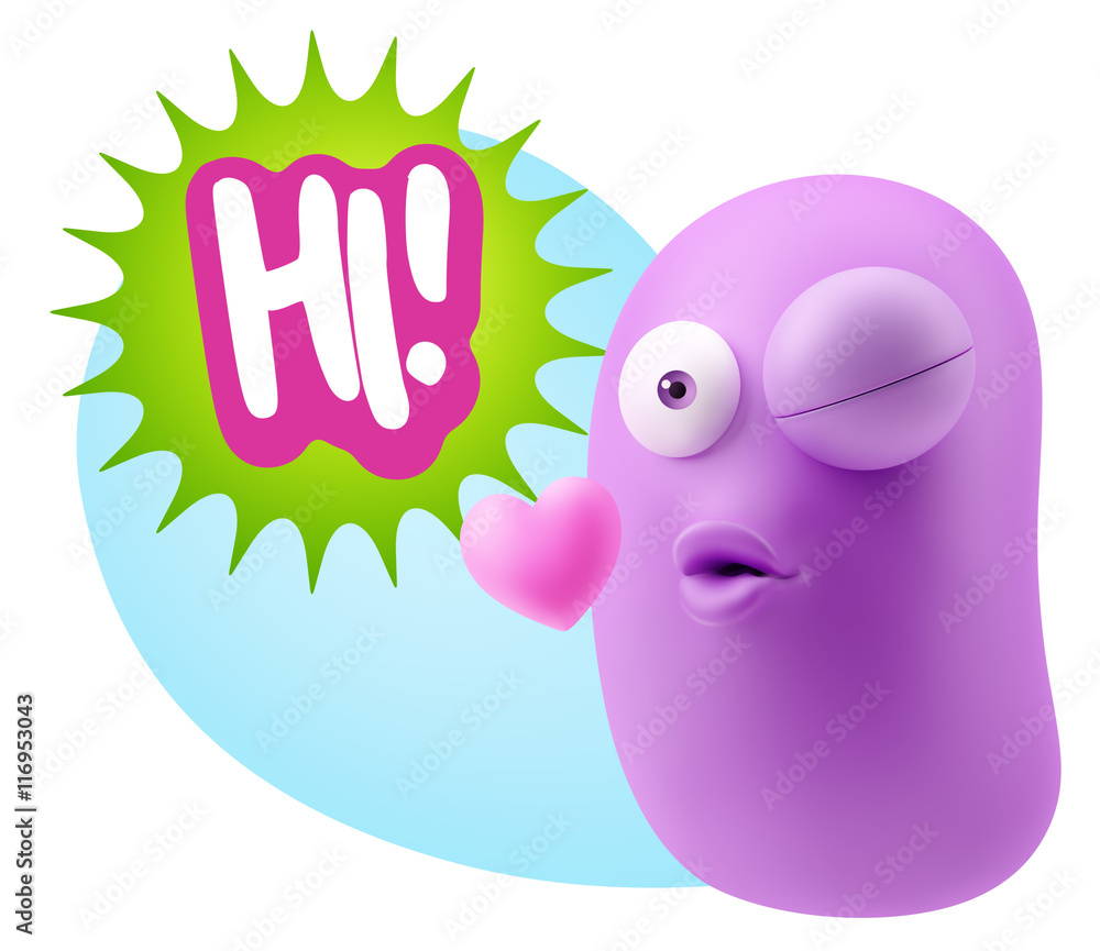 3d Rendering. Kiss Emoticon Face saying Hi with Colorful Speech 3d Rendering. Kiss Emoticon Face saying Hi with Colorful Speech