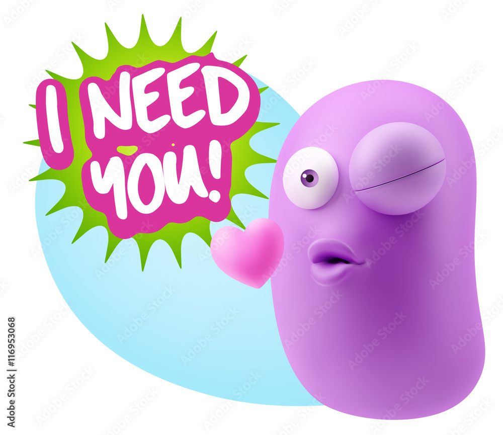 3d Rendering. Kiss Emoticon Face saying I Need You with Colorful 3d Rendering. Kiss Emoticon Face saying I Need You with Colorful