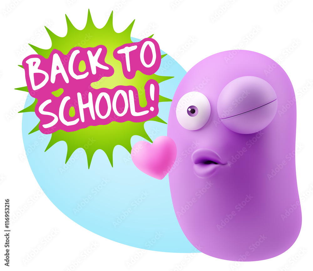 3d Rendering. Kiss Emoticon Face saying Back To School with Colo 3d Rendering. Kiss Emoticon Face saying Back To School with Colo