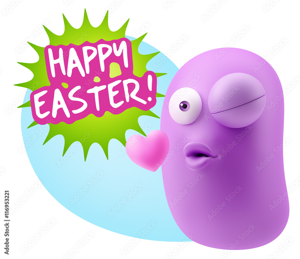 3d Rendering. Kiss Emoticon Face saying Happy Easter with Colorf 3d Rendering. Kiss Emoticon Face saying Happy Easter with Colorf