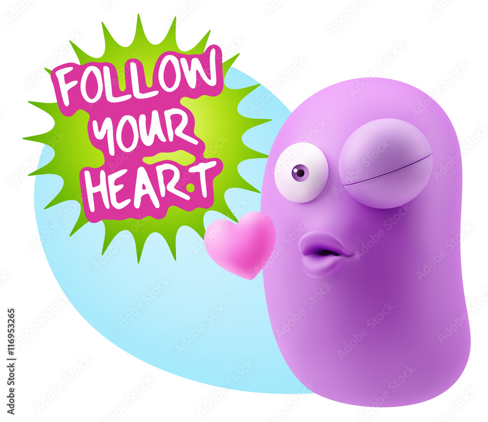 3d Rendering. Kiss Emoticon Face saying Follow Your Heart with C 3d Rendering. Kiss Emoticon Face saying Follow Your Heart with C