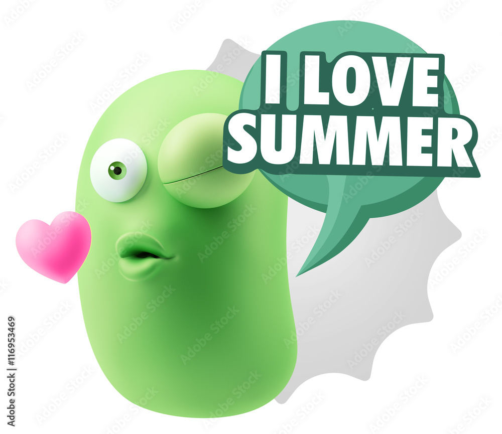 3d Rendering. Kiss Emoticon Face saying I Love Summer with Color 3d Rendering. Kiss Emoticon Face saying I Love Summer with Color