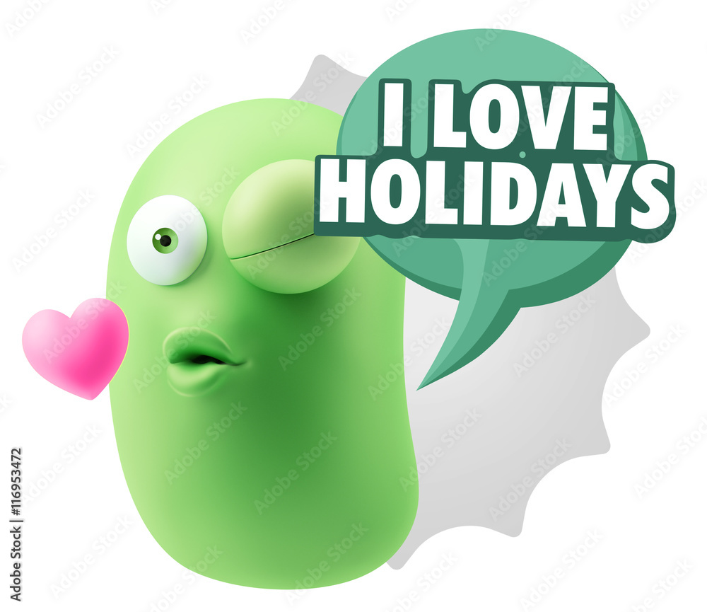 3d Rendering. Kiss Emoticon Face saying I Love Holidays with Col 3d Rendering. Kiss Emoticon Face saying I Love Holidays with Col