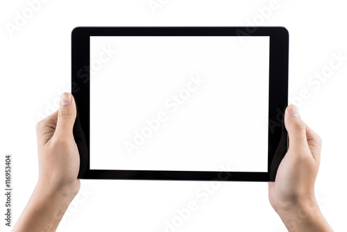 Hand holding tablet blank screen. Woman hand using tablet isolated on white background. teblet white screen.