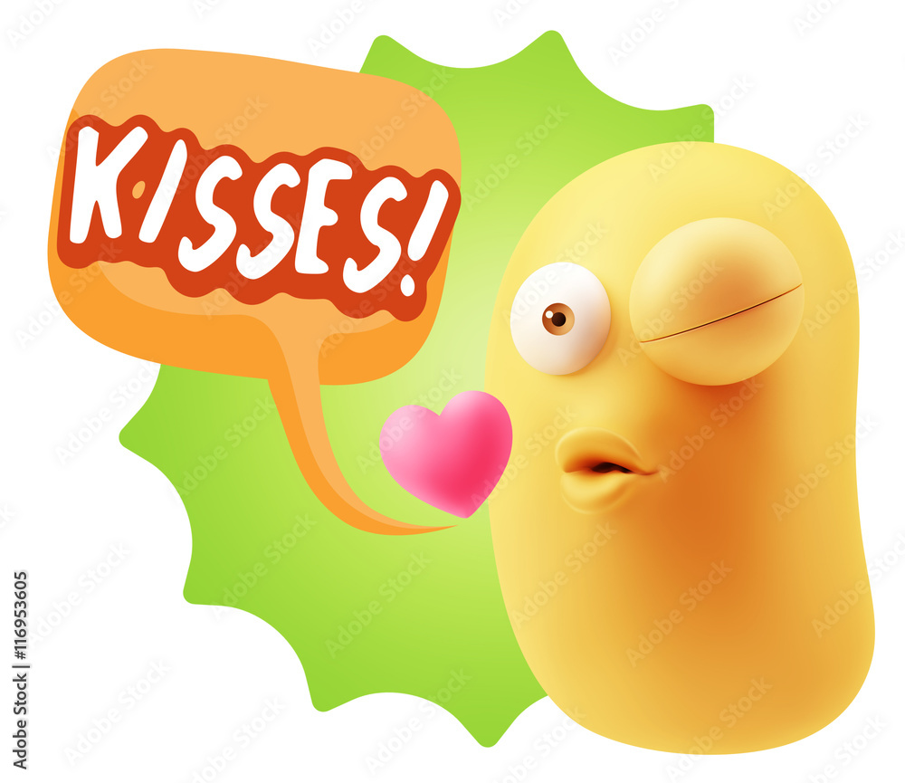 3d Rendering. Kiss Emoticon Face saying Kisses with Colorful Spe 3d Rendering. Kiss Emoticon Face saying Kisses with Colorful Spe