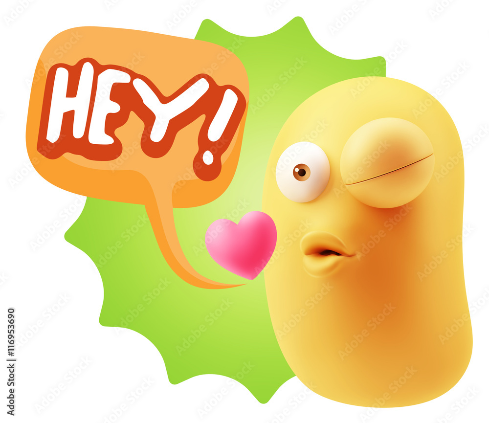 3d Rendering. Kiss Emoticon Face saying Hey with Colorful Speech 3d Rendering. Kiss Emoticon Face saying Hey with Colorful Speech