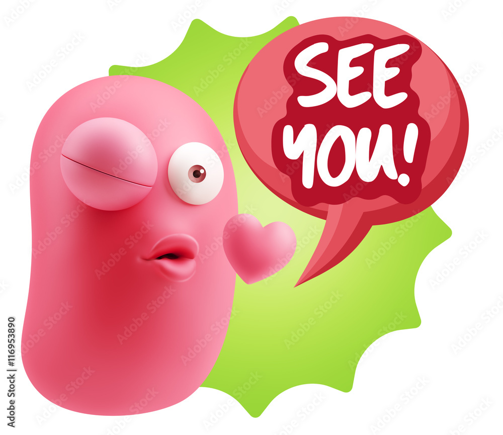 3d Rendering. Kiss Emoticon Face saying See You with Colorful Sp 3d Rendering. Kiss Emoticon Face saying See You with Colorful Sp