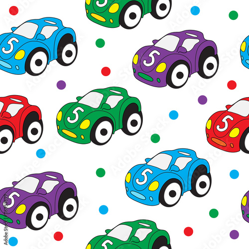 Children's toy car seamless texture. Car background, children's wallpaper. Vector illustration